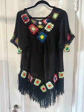 Boho Crochet Accent Black Fringe Women's Top